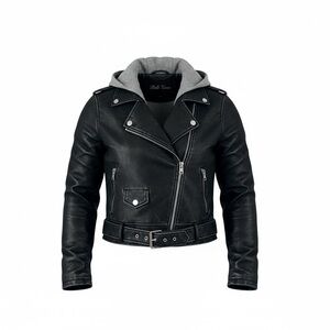 Member Only Black Leather Moto Jacket  Gray Hood Size S